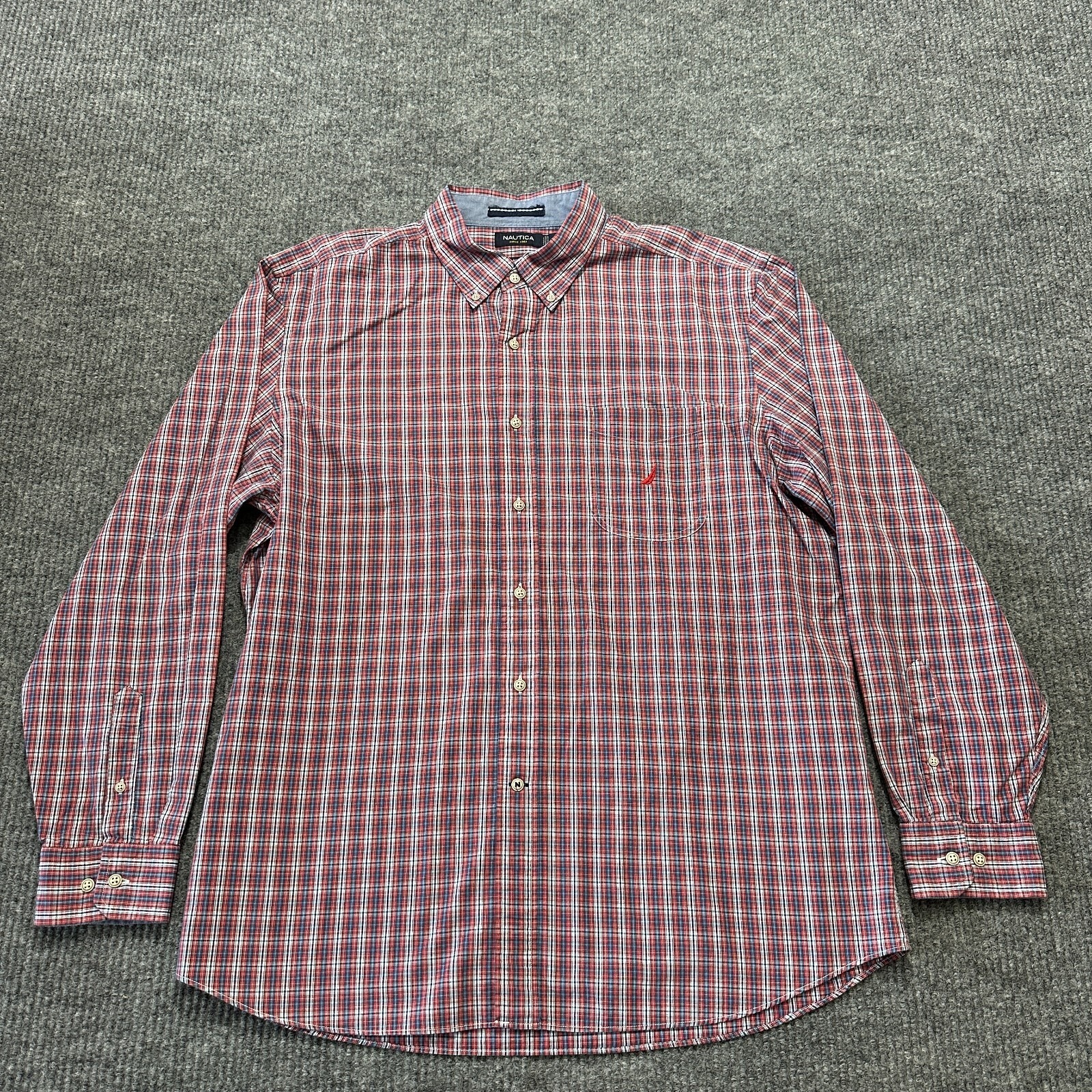Nautica Mens Button Down Shirt Size Xl Red Plaid Classic Fit Cotton Long Sleeve